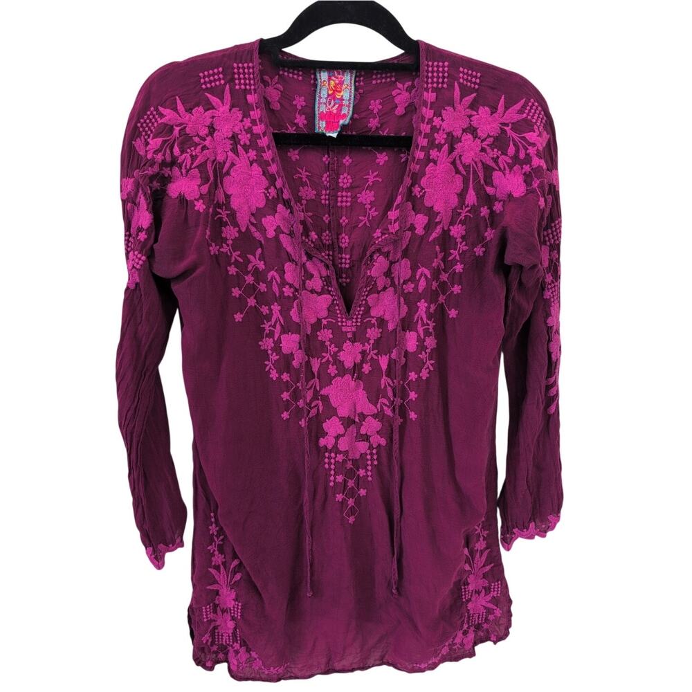 Johnny Was Embroidered Tunic Blouse Size Small- Plum Pink Cupra Rayon Boho - Picture 2 of 5